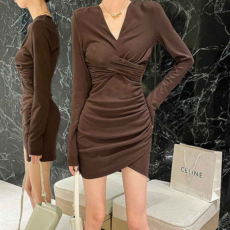 Long Sleeve V-neck Mini Skinny Dress JF22105GG