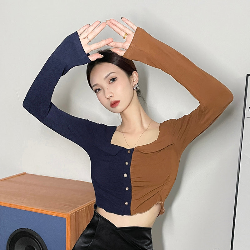 Square Neck Patckwork Crop Tops JY22462GN