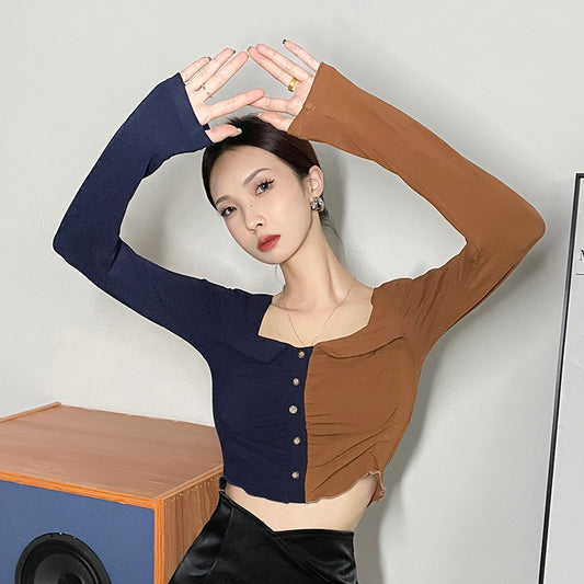 Square Neck Patckwork Crop Tops JY22462GN