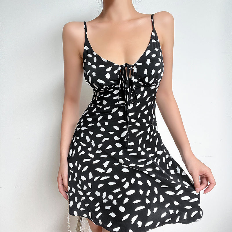 217013P Point Printed Mini Black Bandage Dress